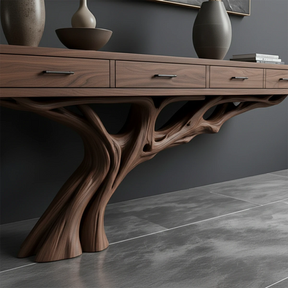 In this refined interior, a sculptural console table introduces natural form and artistic detail