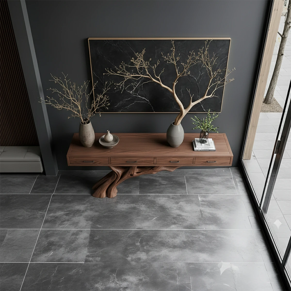 Tree base console table in natural wood enhances this minimalist setting with organic character