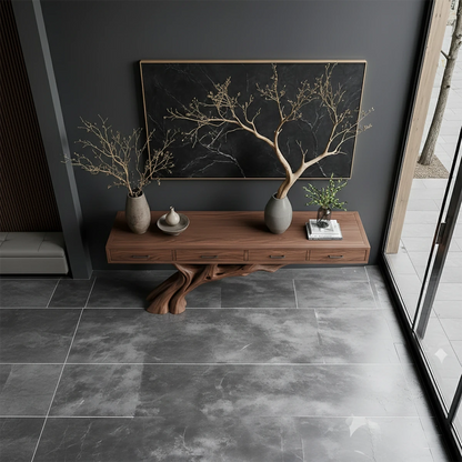 Tree base console table in natural wood enhances this minimalist setting with organic character