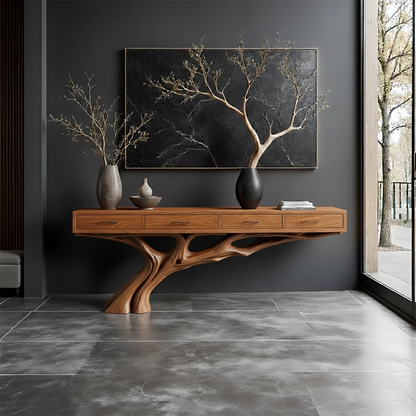 A contemporary console table with flowing wood base design brings warmth to this dark-toned room
