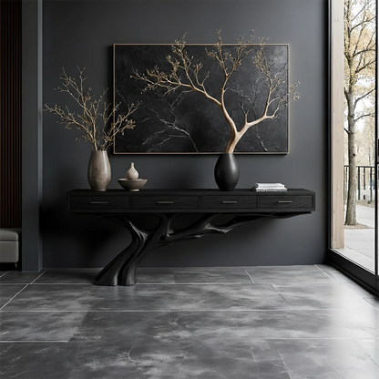 This sculptural console table showcases a natural wood base with intricate organic structure
