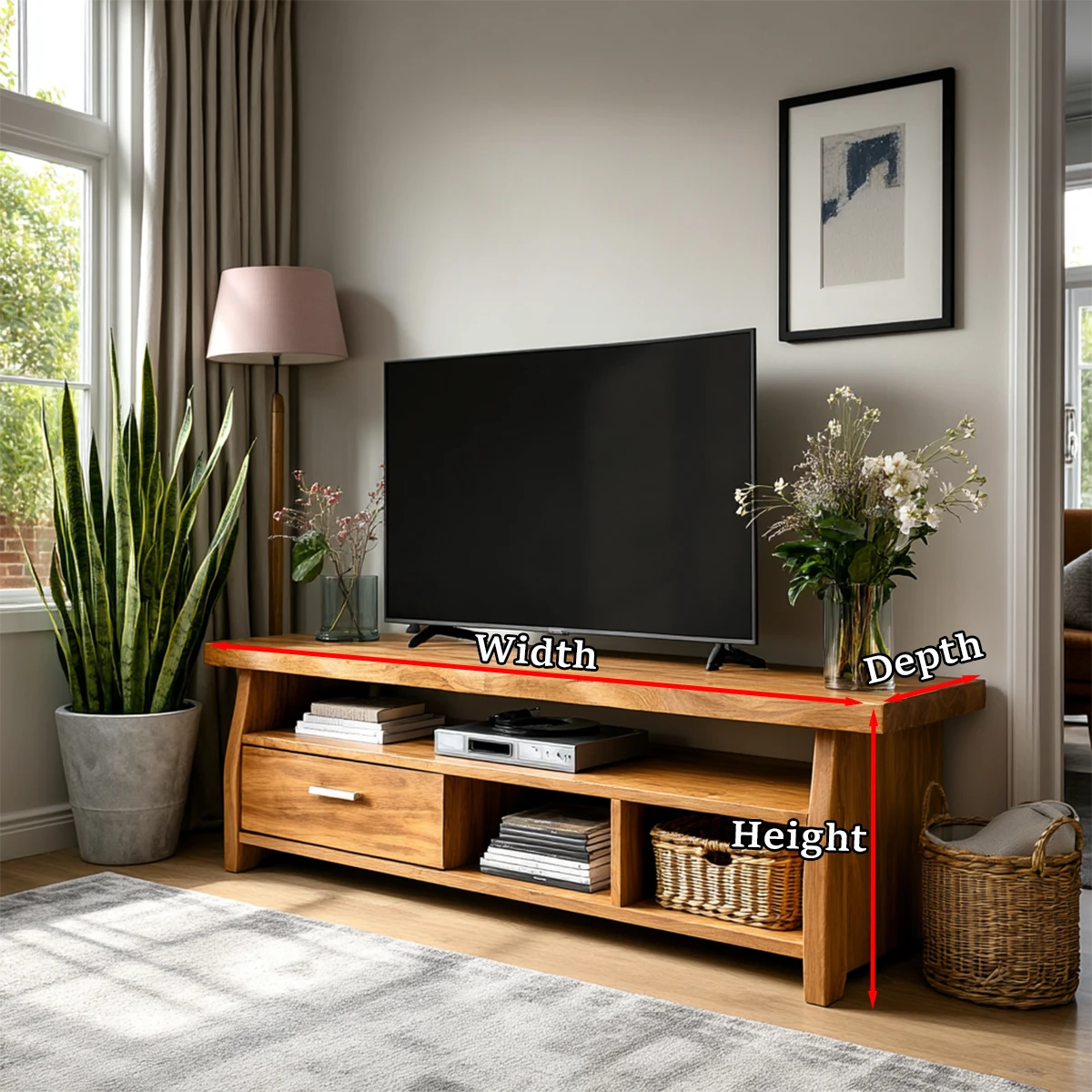 Contemporary television console featuring balanced proportions and organized media storage