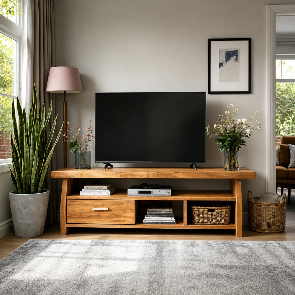 Wooden TV stand with a television in a living room setting.