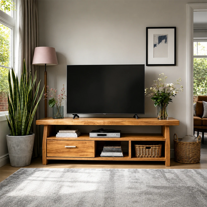 Wooden TV stand with a television in a living room setting.