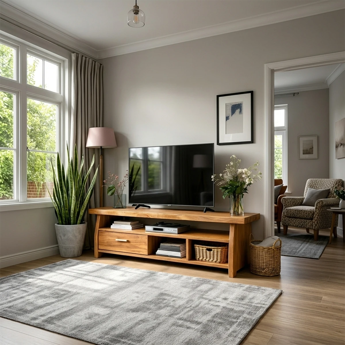 Scandinavian media console featuring clean lines and practical entertainment storage space