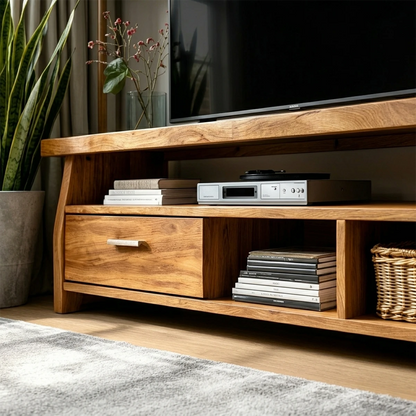 Minimalist television stand showcasing open compartments and modern storage organization