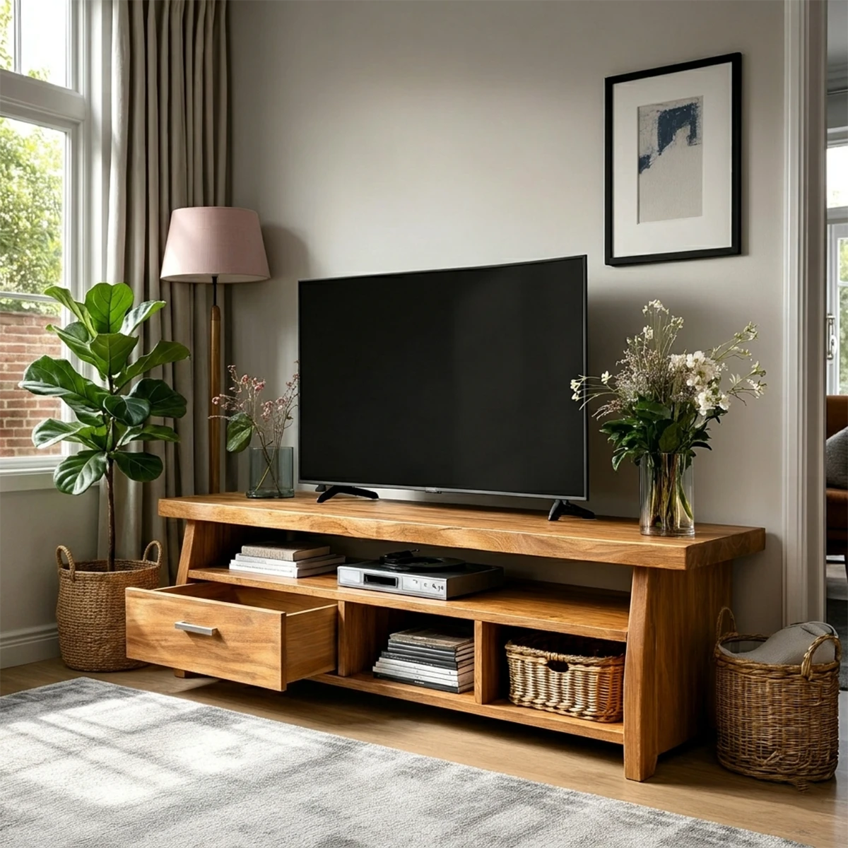 Contemporary entertainment center with balanced shelving and spacious drawer storage