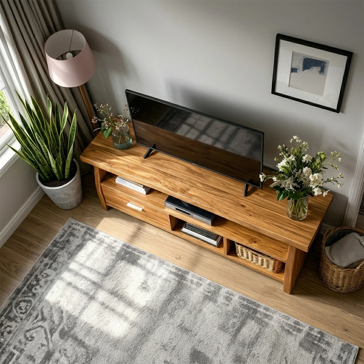 Japandi TV console cabinet designed with simple structure and functional media storage