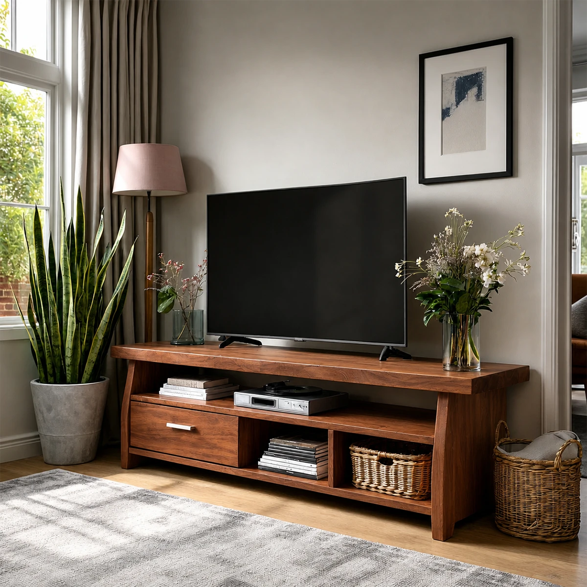 Elegant media cabinet featuring organized compartments and modern living room styling