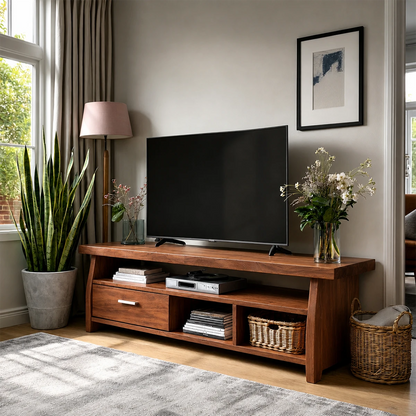 Elegant media cabinet featuring organized compartments and modern living room styling