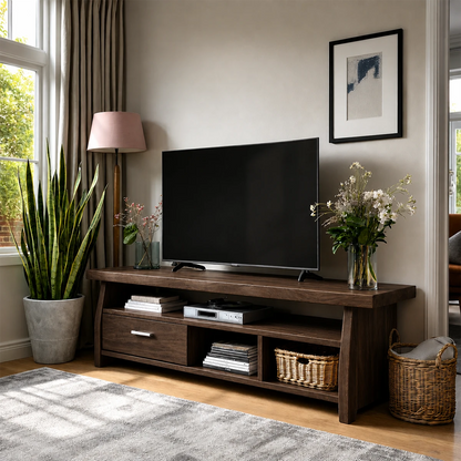Architectural TV stand showcasing clean storage layout and minimalist craftsmanship