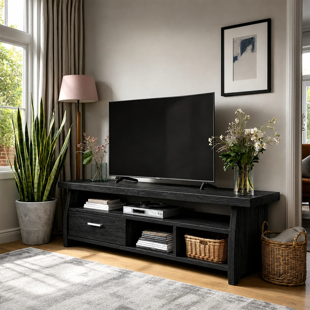 Modern living room media console with spacious shelving and practical organization