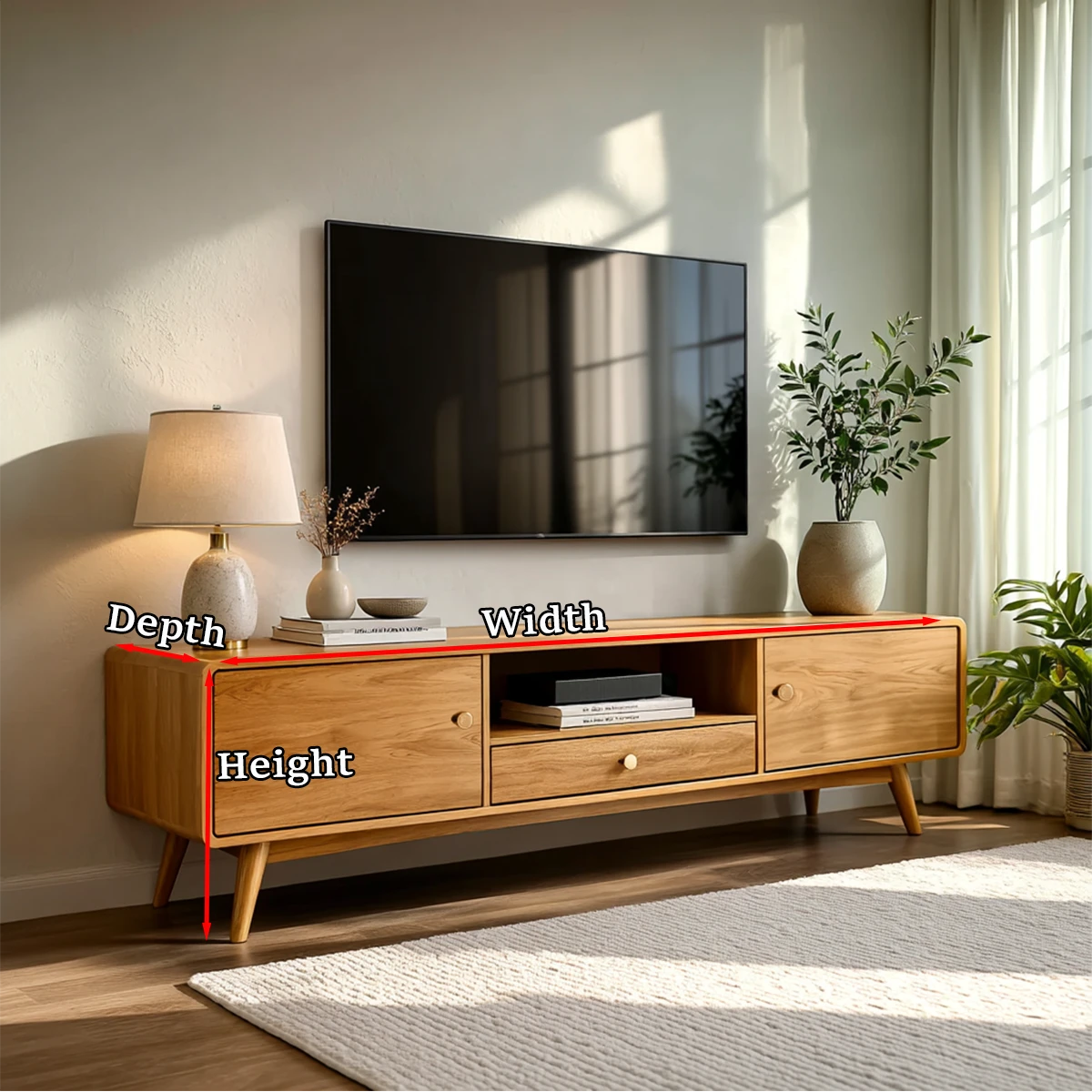 Sleek television console featuring balanced storage compartments and modern styling