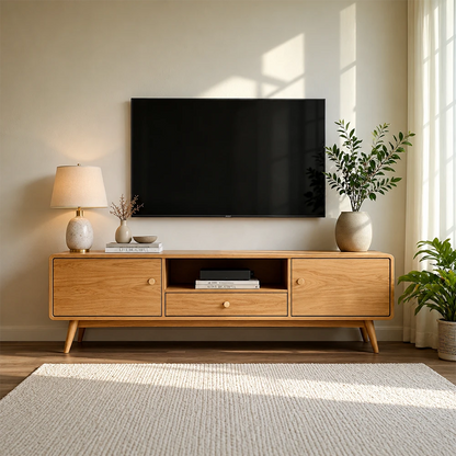 Wooden TV stand with a television, lamp, and decorative items in a living room.