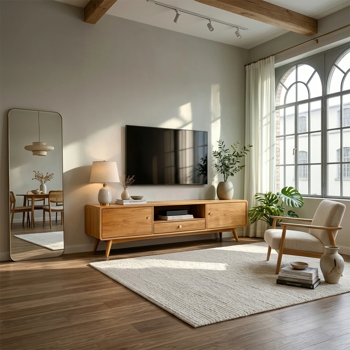 Scandinavian media console featuring tapered legs and streamlined storage organization