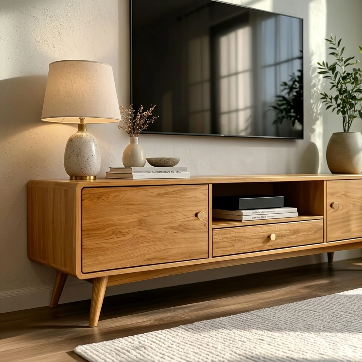 Minimalist entertainment center with rounded edges and spacious cabinet compartments