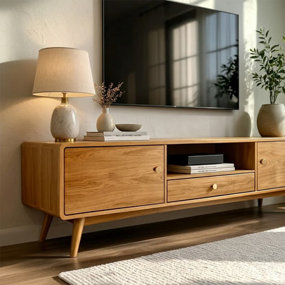 Minimalist entertainment center with rounded edges and spacious cabinet compartments