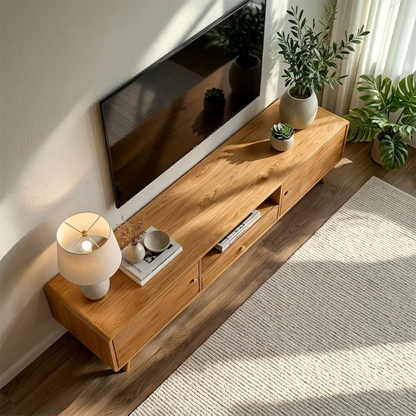 Japandi TV console cabinet designed with sleek lines and balanced proportions
