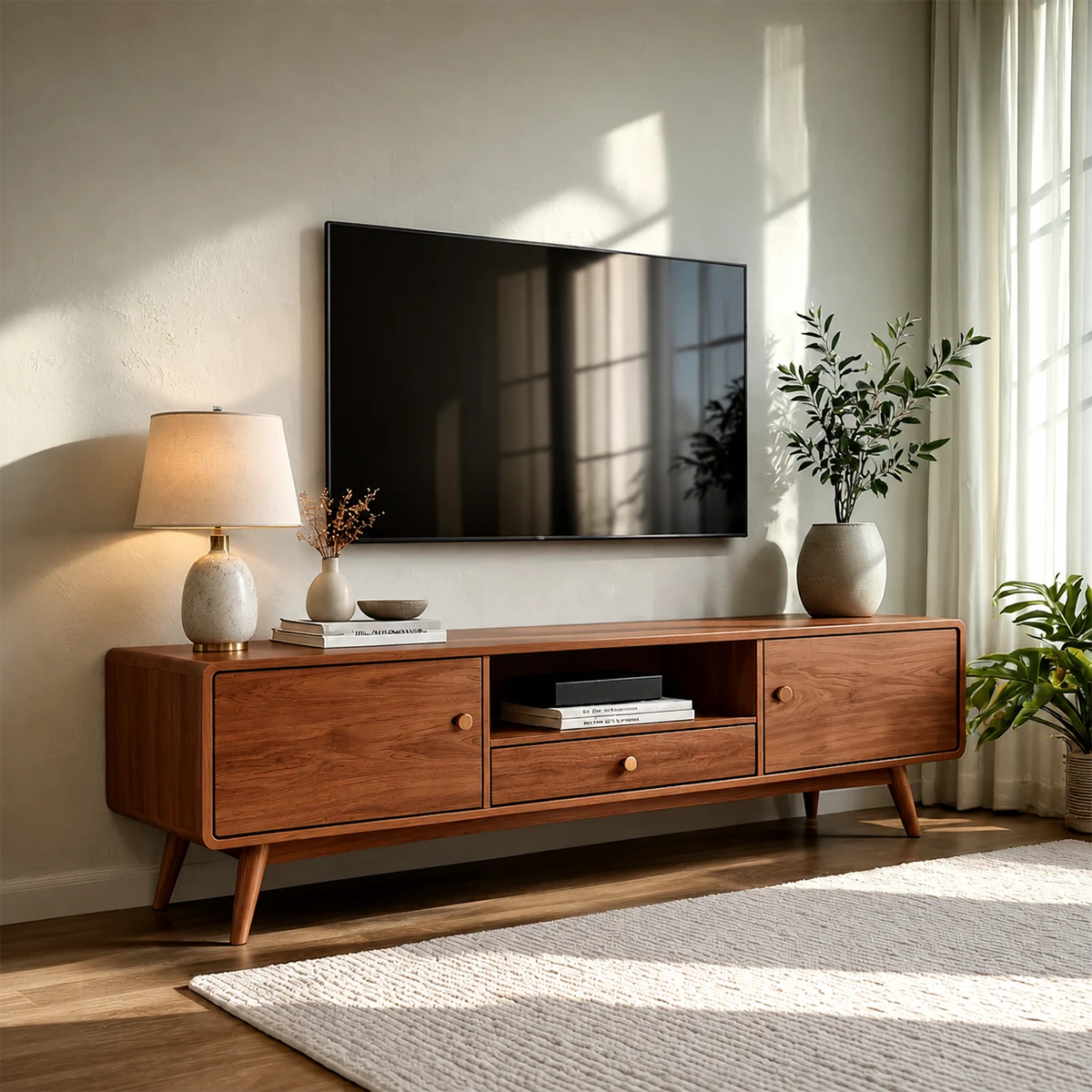 Elegant media cabinet with organized drawer storage and contemporary craftsmanship