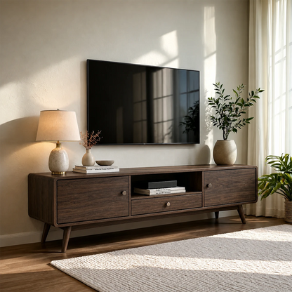 Mid century TV stand featuring slim legs and modern entertainment storage design