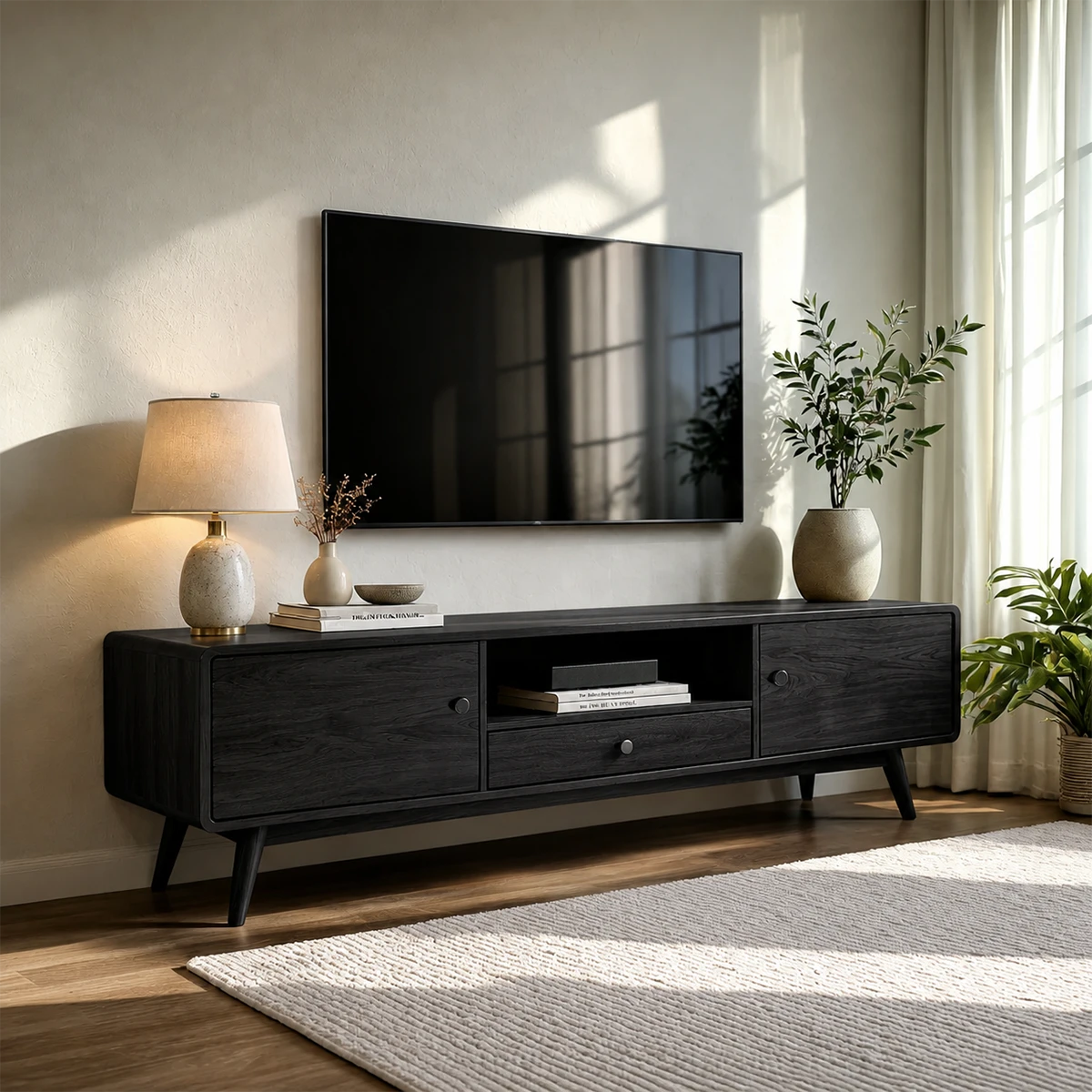 Modern living room media console with minimalist form and functional organization