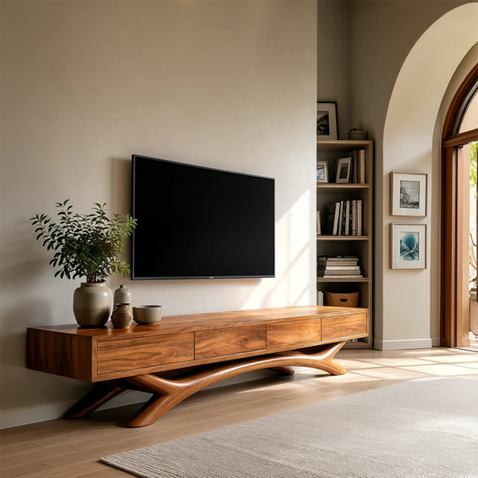 Modern TV stand featuring sculptural legs and natural wood finish for elegant media storage