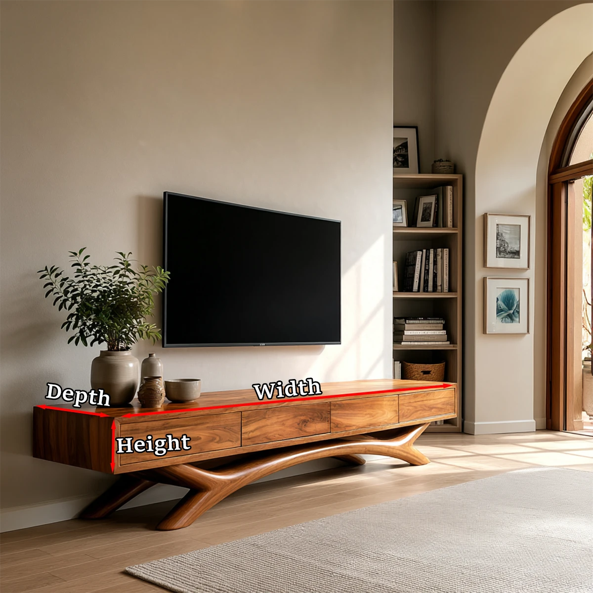 Contemporary living room TV stand featuring balanced proportions and natural wood finish