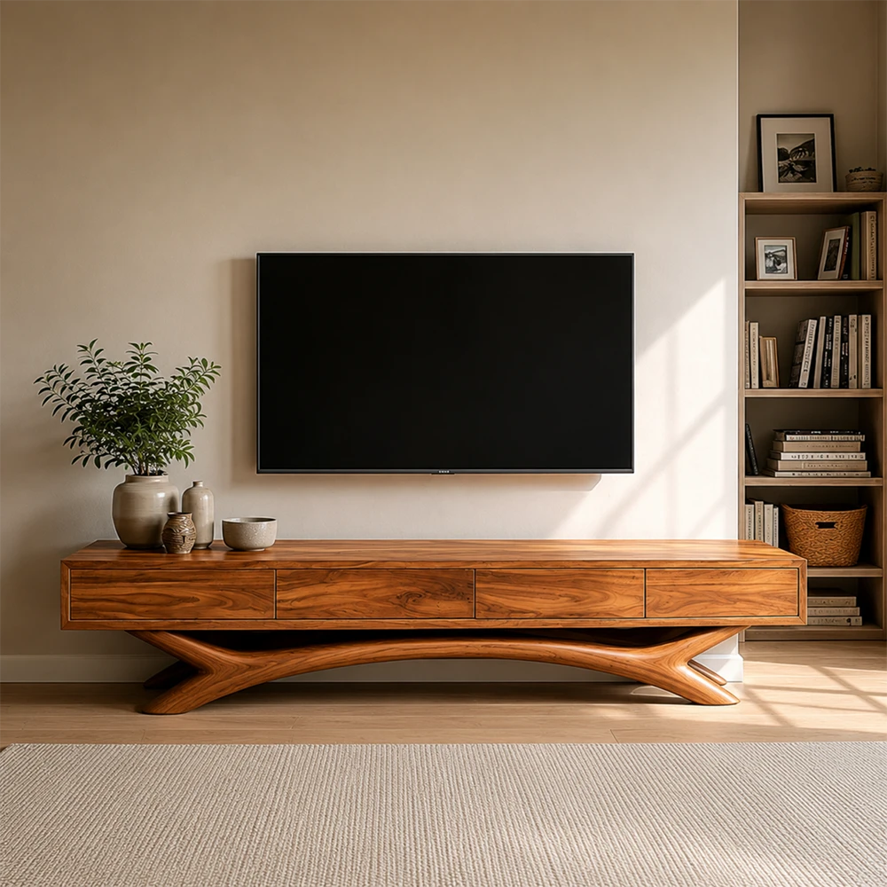 Wooden TV stand with a television mounted on a wall in a room with a plant and books.