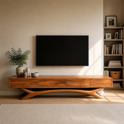 Wooden TV stand with a television mounted on a wall in a room with a plant and books.
