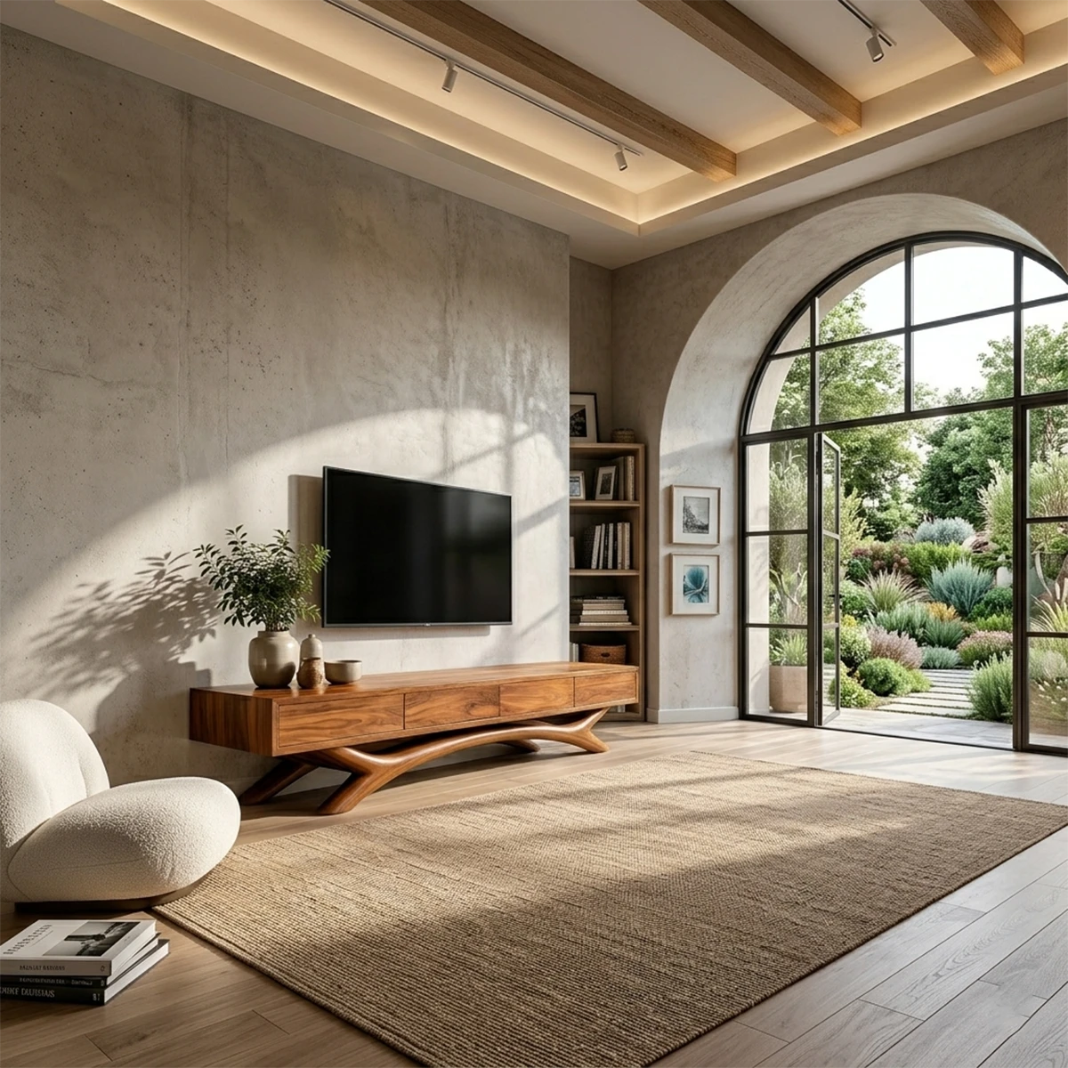 Contemporary media console designed with clean lines and refined natural wood finish styling