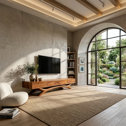 Contemporary media console designed with clean lines and refined natural wood finish styling