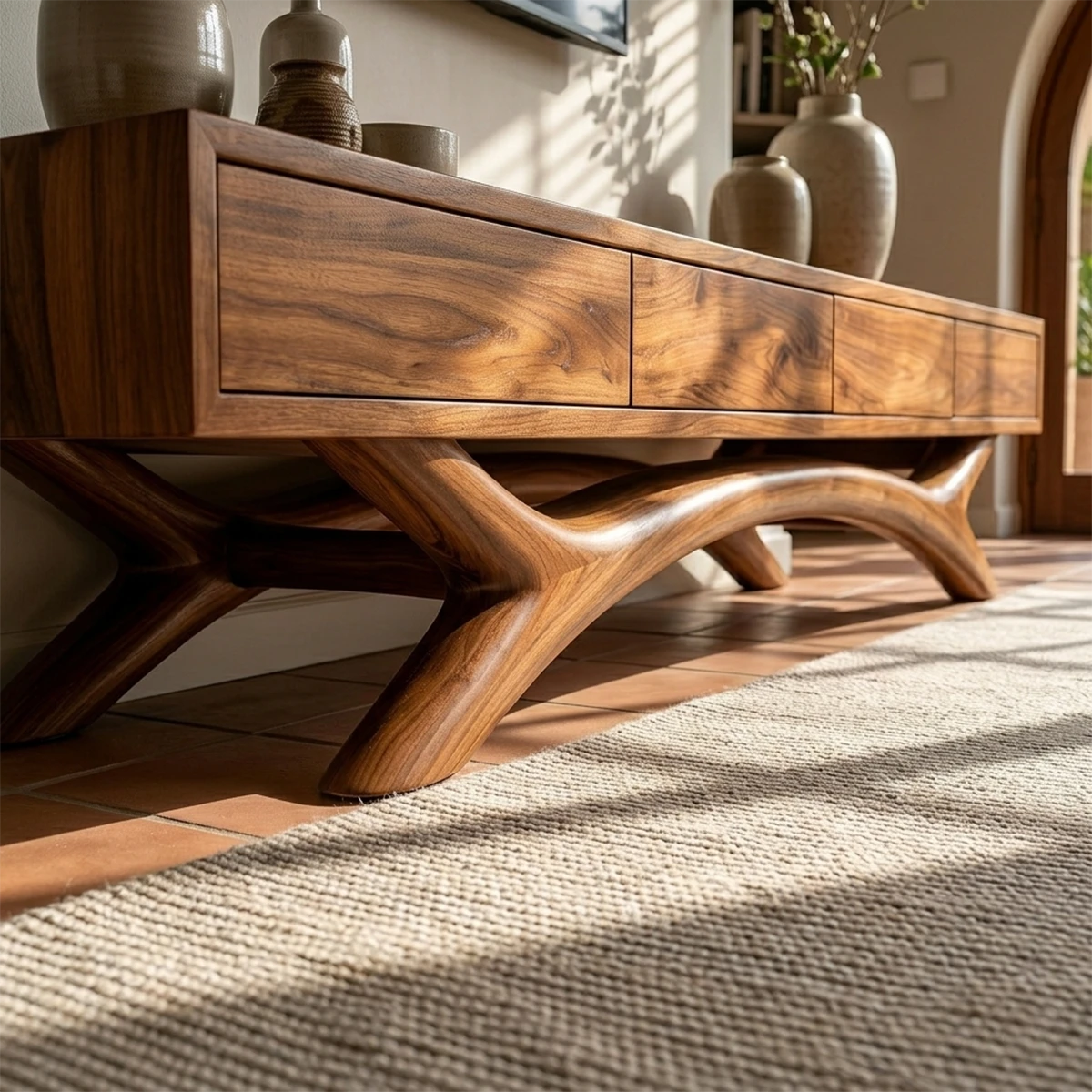 Minimalist TV console table showcasing sculpted base detail and natural wood finish storage