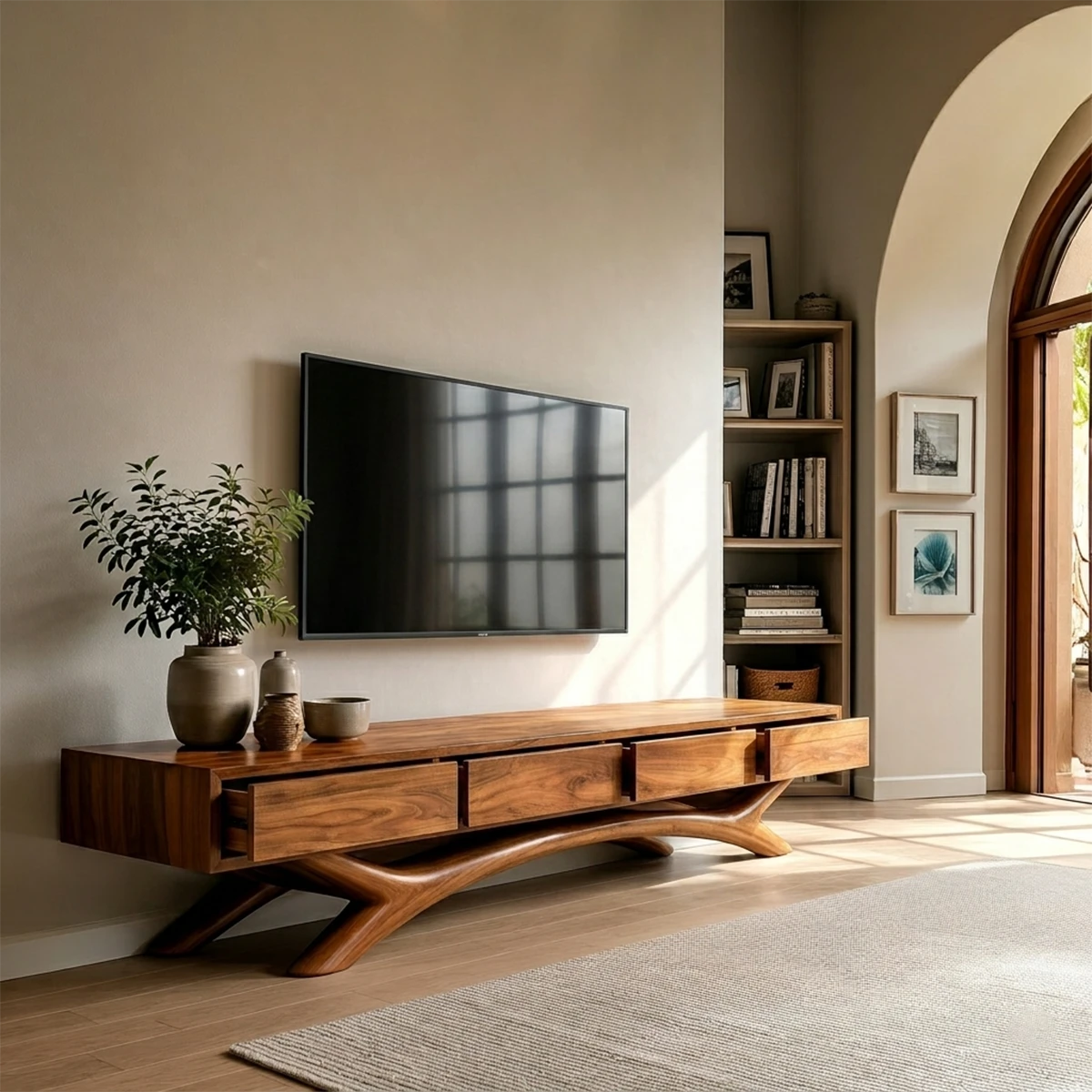 Long entertainment center featuring geometric leg design and warm natural wood finish