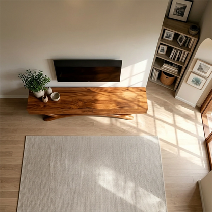 Modern media cabinet designed with streamlined drawers and natural wood finish detailing