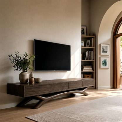 Japandi style TV stand showcasing sculptural support legs and natural wood finish charm