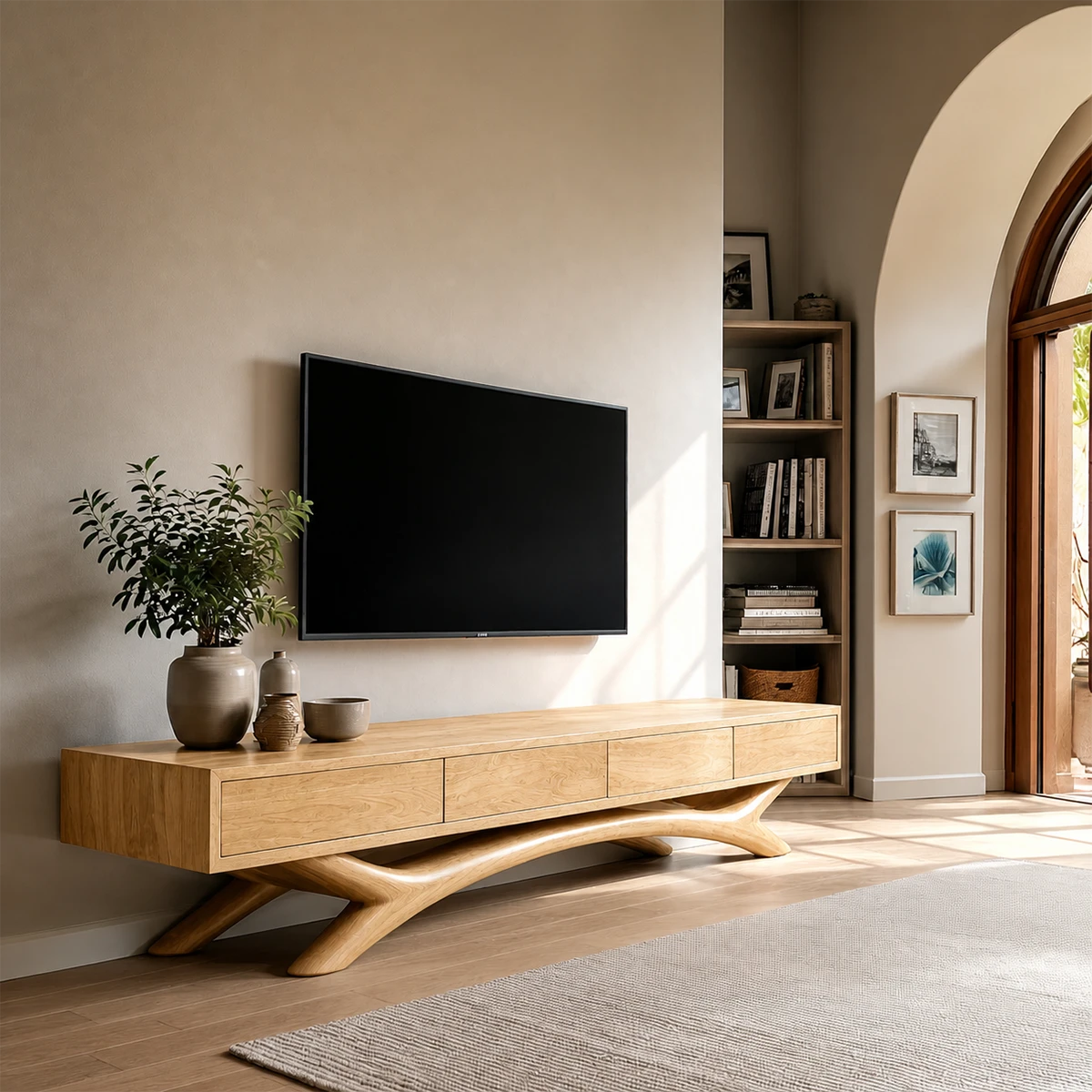 Elegant floating style media console featuring smooth surfaces and natural wood finish