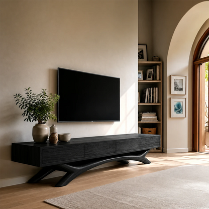 Rustic modern entertainment console designed with architectural legs and natural wood finish