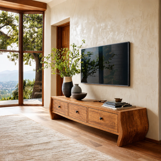Modern TV stand with drawer storage and natural wood finish for warm minimalist interiors