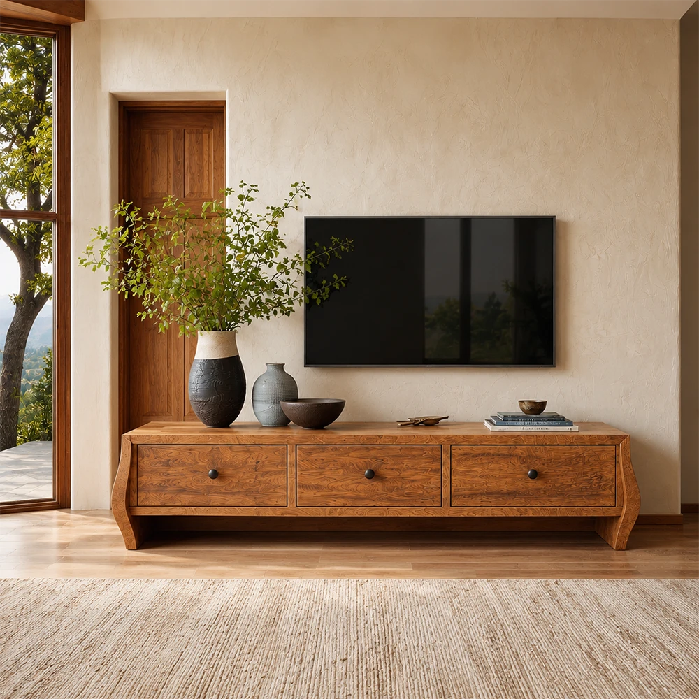 Living room with wooden TV stand, television, and decorative items.