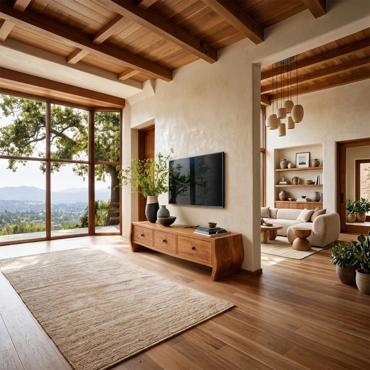 Contemporary media console featuring curved side panels and natural wood finish detailing