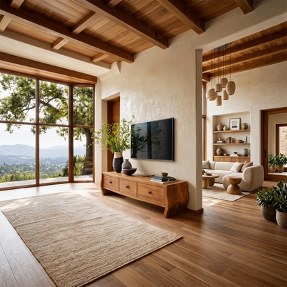 Contemporary media console featuring curved side panels and natural wood finish detailing