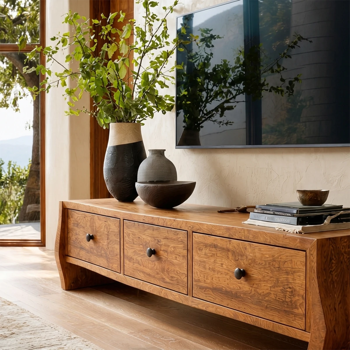 Elegant entertainment center designed with spacious drawers and natural wood finish tones