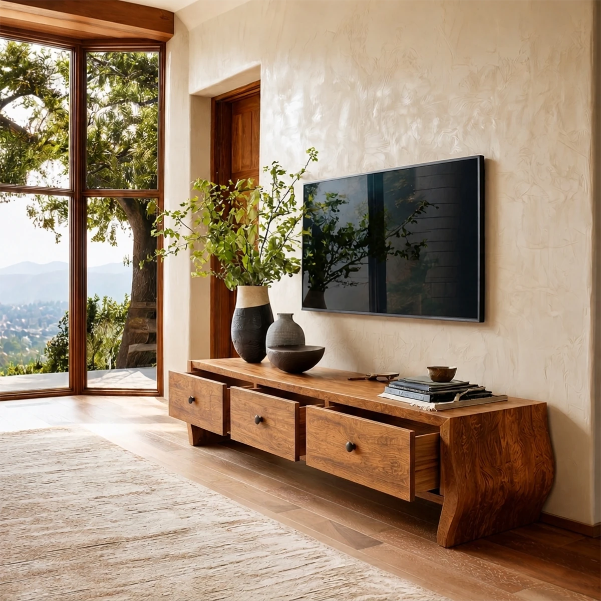 Minimalist TV console cabinet showcasing sculpted edges and natural wood finish texture
