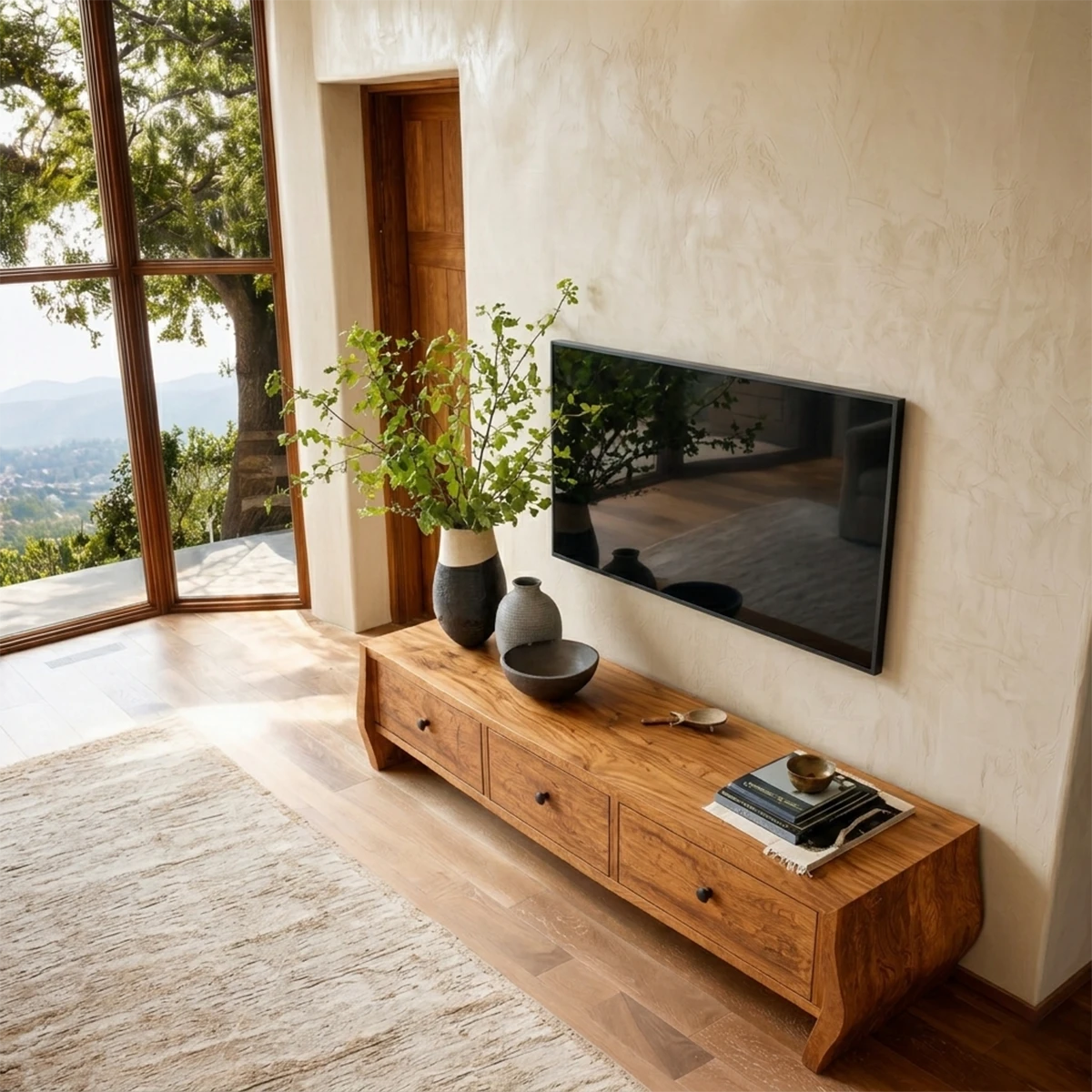 Long media cabinet with soft curved silhouette and refined natural wood finish styling