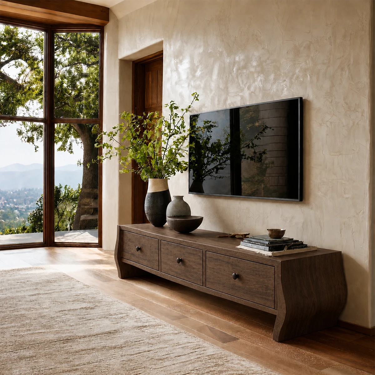 Japandi TV stand designed with clean drawer fronts and warm natural wood finish appeal