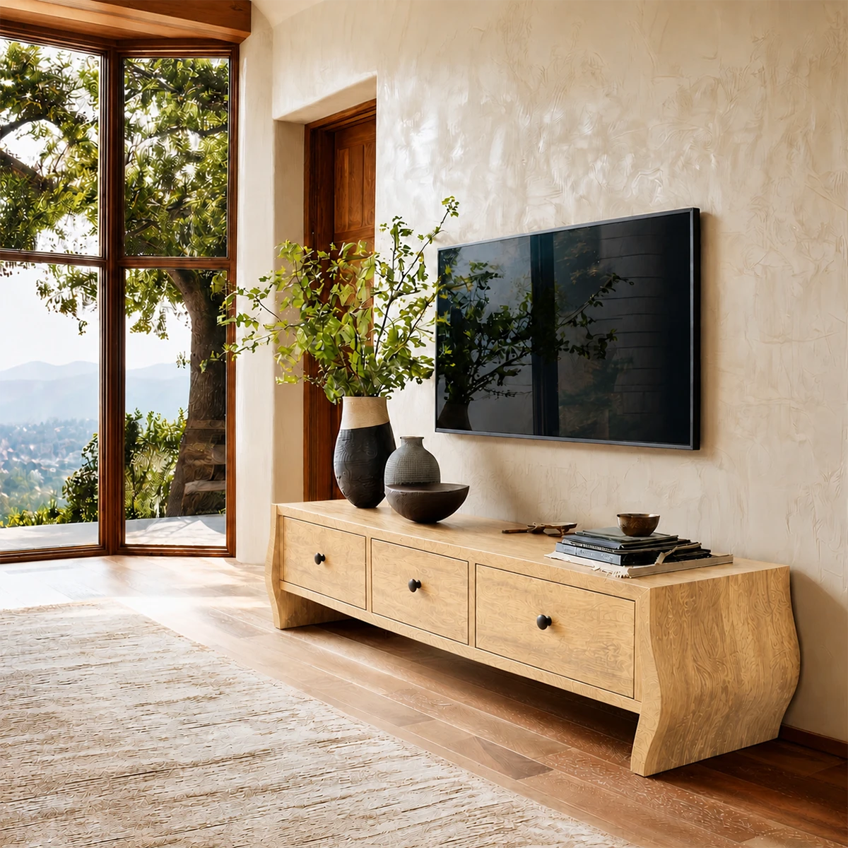 Contemporary entertainment console featuring modern storage and natural wood finish detail