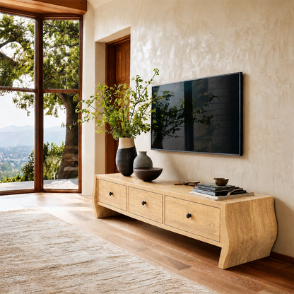 Contemporary entertainment console featuring modern storage and natural wood finish detail