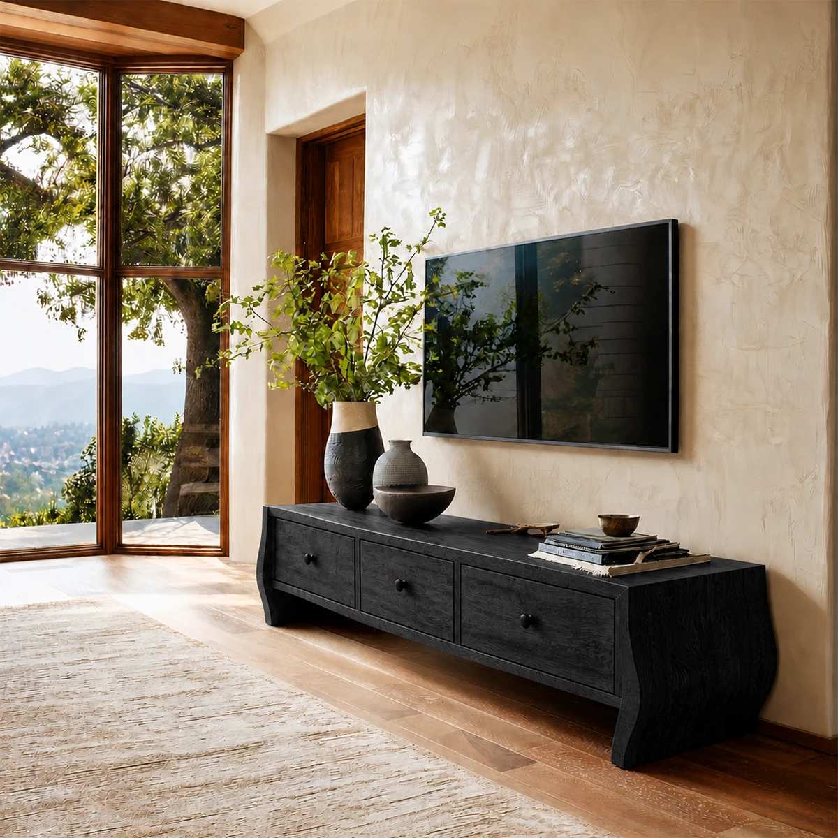 Sleek television stand with rounded side design and natural wood finish craftsmanship