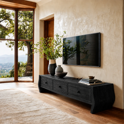Sleek television stand with rounded side design and natural wood finish craftsmanship