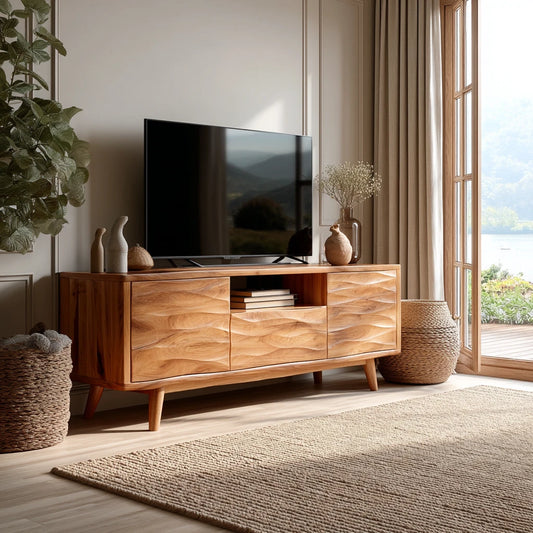 Contemporary media console with natural wood texture and clean lines for modern interiors